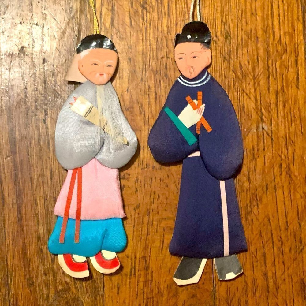 2 Vintage Chinese Handcrafted Paper Dolls Satin Silk Cloth Bookmarks Ornaments